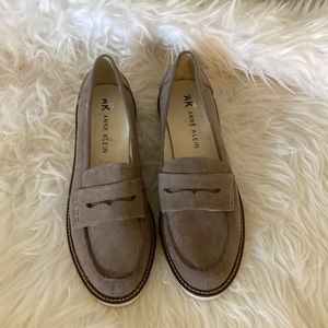 Grey khaki leather suede loafers Anne Klein